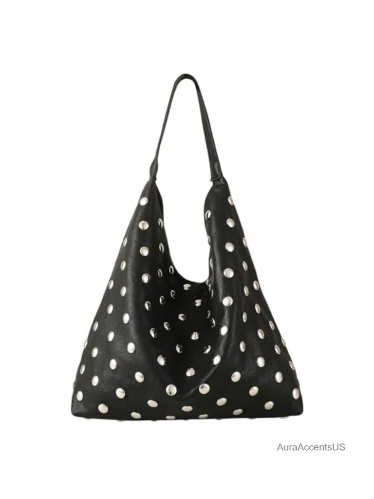Studded Hobo Purse For Women, Vegan Leather Tote Bag, Punk Rivet Shoulder